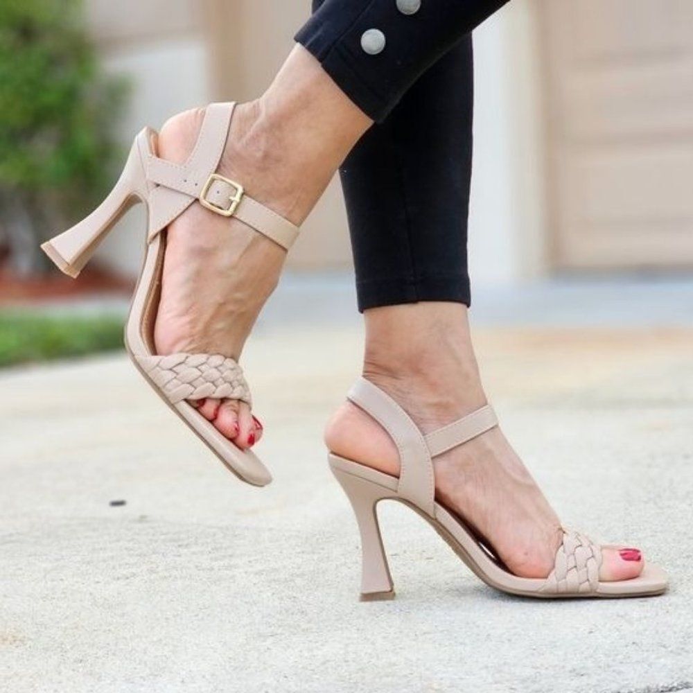 Elegant Nude Square Open Toe Sandals Women’s Braided Ankle Strap